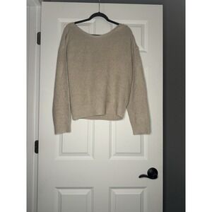 Hem And Thread Pullover Ribbed Knit Sweater Tan Large Satin Tie Back Nwt